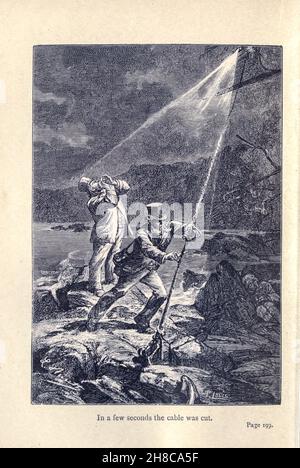 En quelques secondes, le câble a été coupé de Robur le Conquérant est un roman de science-fiction de Jules Verne, publié en 1886.Il est également connu sous le nom de Clipper des nuages.Il a une suite, Maître du monde, qui a été publié en 1904. Banque D'Images