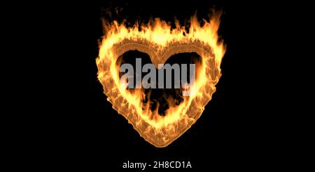 Panneau de feu de coeur.Amour et passion, modèle de carte de Saint-Valentin.Élément de conception de flamme brûlante isolé sur fond noir.illustration 3d Banque D'Images