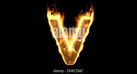 Lettre V de l'alphabet du feu, police brûlée avec effet de feu.Texte de flamme brûlante avec fumée et effet fiery.Élément de conception à chaud isolé sur fond noir.3d Banque D'Images