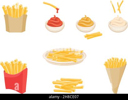 Frites dans une boîte.Pommes de terre frites, chips de pommes de terre sur l'assiette et le cône en papier, carton rouge fast food, sauce trempée ketchup, mayonnaise et moutarde, ensemble de dessins animés vecteur.Illustration de la pomme de terre en collation Illustration de Vecteur