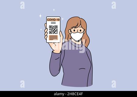 Une jeune femme en masque de visage montre un passeport d'immunité à l'écran.La cliente féminine en masque facial présente un certificat de vaccination Covid-19 sur un téléphone cellulaire.Virus Corona.Illustration vectorielle. Illustration de Vecteur