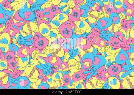 Illustration du fond de Pâques de style Memphis avec œufs et lapins en rose, jaune et bleu Banque D'Images