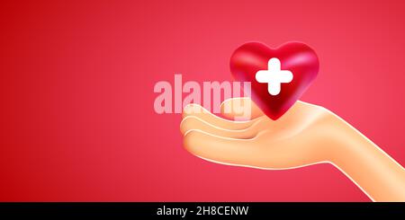 Concept de santé, de médecine et de charité - gros plan de la main tenant le coeur rouge avec la croix blanche.Illustration vectorielle Illustration de Vecteur