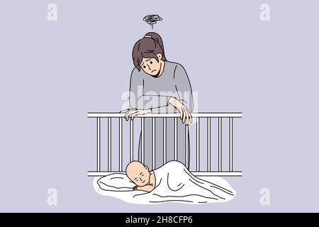 Une jeune femme malheureuse à proximité d'un lit de bébé pensant avoir des difficultés avec la dépression post-partum.La mère fatiguée bouleversée souffre de problèmes psychologiques émotionnels mentaux après la grossesse.Illustration vectorielle. Illustration de Vecteur