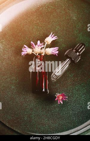 Laboratoire cosmétique abstrait.Bouteilles de verre ambré foncé sur fond vert podium.Cosmétiques naturels pour les soins, homéopathie. Banque D'Images