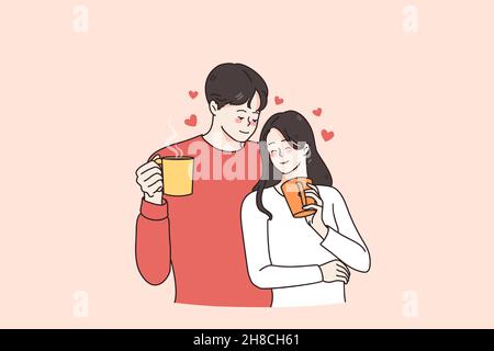 Boissons chaudes et concept d'amour.Jeune amoureux souriant couple homme et femme debout tenant des tasses mugs avec thé chaud ou café en appréciant le temps ensemble illustration vectorielle Illustration de Vecteur