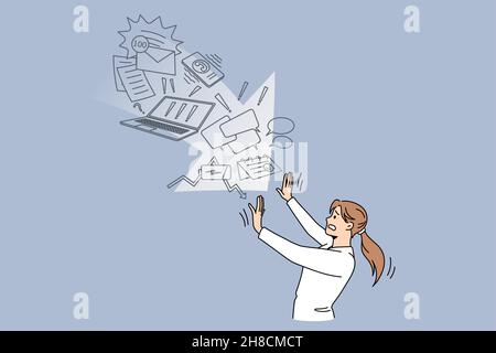 Une femme stressée arrête l'information surcharge le spam et les notifications par e-mail.Les femmes en difficulté se sentent frustrées par le flux de données et la charge.Censure et filtrage.Illustration vectorielle plate. Illustration de Vecteur
