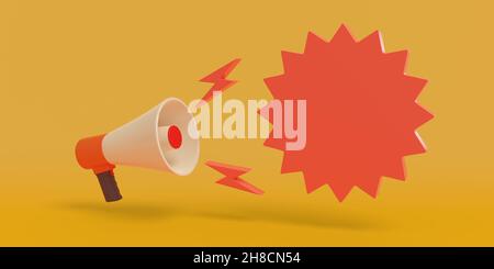 Mégaphone avec bulle de parole vierge isolée sur fond orange.illustration 3d. Banque D'Images