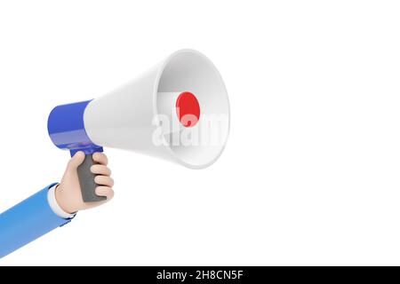 Main de dessin animé tenant un mégaphone isolé sur fond blanc.illustration 3d. Banque D'Images