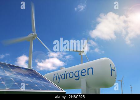 Réservoir d'hydrogène, panneau solaire et moulins à vent sur fond bleu ciel.Concept d'énergie durable et écologique.illustration 3d. Banque D'Images