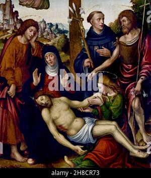 Compianto sul Cristo morto e i Santi Giovanni Battista e Nicola da Tolentino 1525 par Agostino Bombelli 1510-1545 - Lamentation sur les morts Christ et Saints Jean-Baptiste et Nicolas de Tolentino 1525 par Agostino Bombelli 1510-1545 Italie, Italien. Banque D'Images