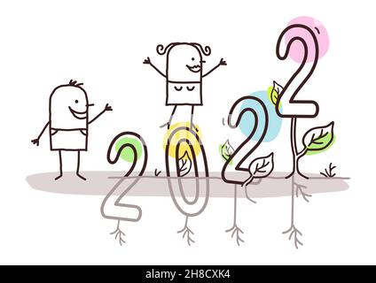 Dessin main dessin animé Homme et femme heureux avec un grand signe de croissance 2022 Illustration de Vecteur Dessin main dessin animé Homme et femme heureux avec un grand signe de croissance 2022 Illustration de Vecteur