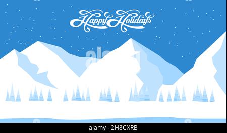 Arrière-plan paysage d'hiver avec texte Happy Holidays Illustration de Vecteur