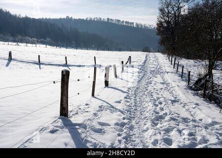 Piste cyclable R1 en hiver, près de Gewissenruh, Wesertal, Weser Uplands, Weserbergland,Hesse, Allemagne Banque D'Images