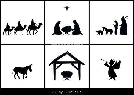 Ensemble de vacances silhouettes Noël christian Nativité.Histoire de la Bible Marie Joseph et le bébé Jésus dans un mangeur, étoile de Bethléem, trois sages, bergers Illustration de Vecteur