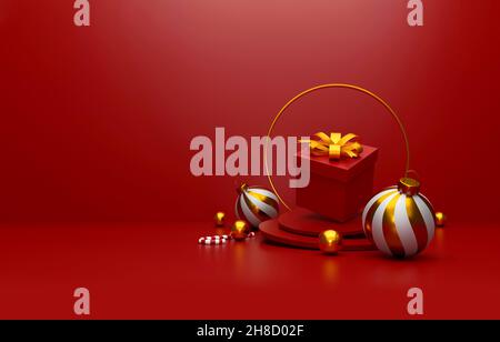 joyeux noël et nouvel an 2022 présente concept. Boîtes-cadeaux rouges et décor de Noël sur fond rouge.Illustration 3D Banque D'Images