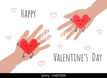 Carte de vœux de bonne Saint Valentin.Homme et femme tenant les mains avec les coeurs mignons drôles l'un à l'autre.Illustration Vector Valentine. Illustration de Vecteur