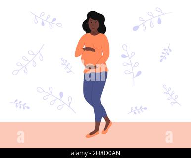 La femme enceinte se tient debout, sourit et touche le ventre.Concept de grossesse heureuse.Femme afro-américaine en expectative marchant.Vecteur plat Illustration de Vecteur