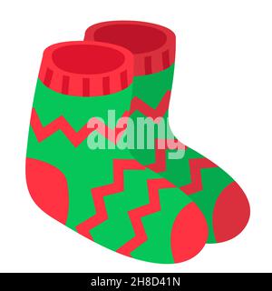 Chaussettes chaudes amusantes à motif caricatures pour l'hiver, jolie illustration vectorielle sans pinces.Couleurs rouge et vert.Symbole de saison froide, vêtements chauds.Imprimer pour Illustration de Vecteur