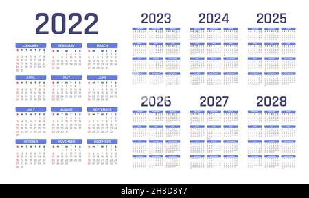 Calendrier 2022-2028.calendrier 2022.calendrier 2023.calendrier 2024.calendrier 2025.calendrier 2026.calendrier 2027.calendrier 2028.2022-2028 almanach. Illustration de Vecteur