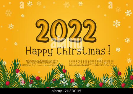 Affiche jaune vif Joyeux Noël.Affiche horizontale originale avec branches en pin vert et boules de Noël rouges.Deux jeux de polices décoratives sont dans Illustration de Vecteur