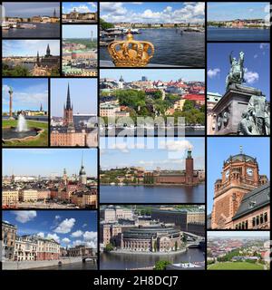 Stockholm, Suède collage de photos de voyage. Le collage comprend des sites importants comme Gamla Stan (vieille ville), l'île de Sodermalm et l'hôtel de ville. Banque D'Images