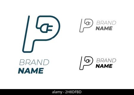 Première lettre P avec prise électrique pour le concept de logotype d'identité d'entreprise technologique.Icône linéaire graphique de stationnement et de charge de voiture électrique.Modèle de conception dynamique du logo de la marque Power Energy.Vecteur Illustration de Vecteur