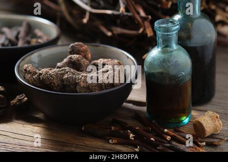 Flacons de perfusion ou de teinture de Persicaria bistorta et de racines communes de comfrey.Bol de bistri, de racines de serpent, de serpent.Desséché comfrey officinalis ro Banque D'Images