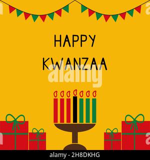 Illustration vectorielle des vacances heureux de Kwanzaa.Carte de vœux avec Kinara et drapeaux.Célébration du patrimoine, de l'unité et de la culture africains Illustration de Vecteur