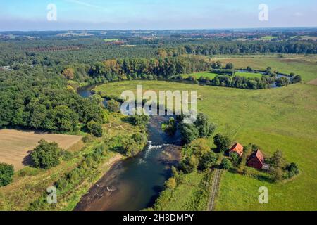 Datteln, Rhénanie-du-Nord-Westphalie, Allemagne - Lippe, développement de la rivière et de la plaine inondable de la Lippe près de Haus Vogelsang, ici une rivière presque naturelle landsca Banque D'Images