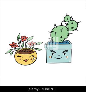 Circulaire de la Saint-Valentin, carte postale, autocollant avec de mignons plantes maison en pot. Illustration de Vecteur