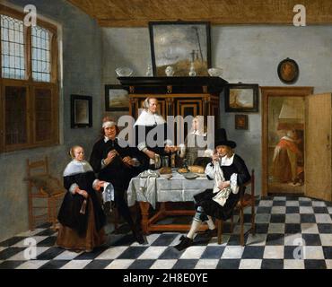 Groupe familial dans un intérieur par l'artiste baroque néerlandais Quirijn Gerritsz van Brekelenkam (1622/29-1669/79), huile sur toile, c.1658-60 Banque D'Images