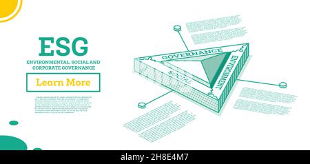 Concept ESG de l'environnement, de la société et de la gouvernance. Illustration vectorielle. Développement durable. Concept de contour isométrique. Couleur verte. Illustration de Vecteur