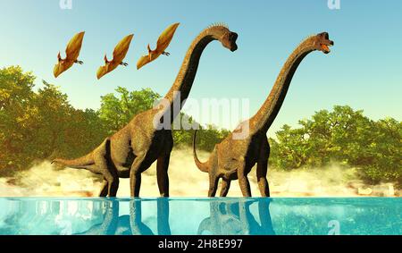 Les reptiles Pterodactyl survolent deux dinosaures de Brachiosaurus Titanosauropodes qui profitent de l'eau. Banque D'Images