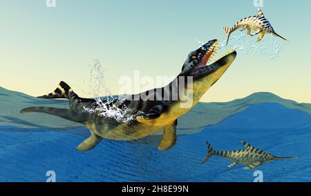 Un Eurohinosaurus sort de la mer en essayant de s'éloigner d'un prédateur marin de Dakosaurus. Banque D'Images