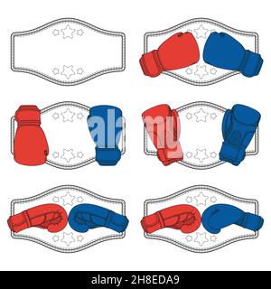 Jeu d'illustrations en couleur avec gants de boxe rouges et bleus et ceinture du gagnant.Objets vectoriels isolés sur fond blanc. Illustration de Vecteur