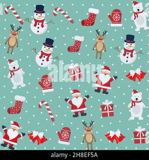 Motif de Noël sans couture avec bonhomme de neige, renne et père Noël EPS 10 Illustration de Vecteur