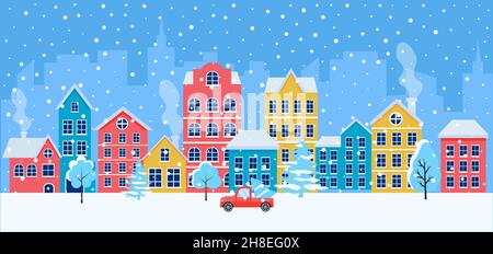 Carte de Noël avec paysage urbain, voiture enneigée et arbres de Noël.Ville de Noël. Village de Noël d'hiver.SPE 10 Illustration de Vecteur