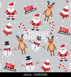 Motif de Noël sans couture avec bonhomme de neige, renne et père Noël EPS 10 Illustration de Vecteur