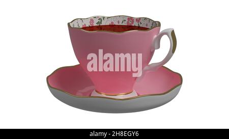 Une tasse de thé rose avec du thé sur une soucoupe.L'intérieur de la tasse est orné d'un motif fleuri et d'une bordure dorée.Se place sur un fond blanc facile à supprimer. Banque D'Images