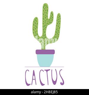 Cactus dessinés à la main dans un pot en céramique coloré, style doodle, isolé sur un fond blanc. Illustration de Vecteur