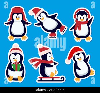 Autocollants de pingouin de dessin animé d'hiver pour les invitations et cartes de Noël et les médias sociaux de vacances emojis.EPS10 Illustration de Vecteur