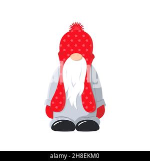 Un joli nain barbu dans un chapeau rouge.Clipart vecteur isolé. Illustration de Vecteur