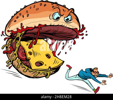 Le personnage de Cheeseburger Monster mange un être humain.Aliments rapides dangereux.Attaque alimentaire Illustration de Vecteur