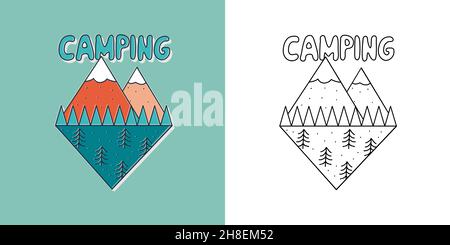 Montagne et forêt.Logo Camping.Symbole Voyage et voyages.Élément de randonnée pour l'impression.Autocollant, goupille d'ergot, patch. Illustration de Vecteur