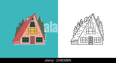 Maison de campagne ou cabane sauvage ou bothy dans les bois.Arbres de Noël.Logo Camping.Symbole Voyage et voyages.Élément de randonnée pour l'impression.Autocollant Illustration de Vecteur