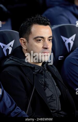 BARCELONE - 20 NOVEMBRE : le gérant Xavi Hernandez au match de la Liga entre le FC Barcelone et le RCD Espanyol au stade Camp Nou, le 20 novembre 2021 Banque D'Images