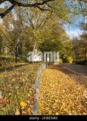 Stockholm, Suède, le 6 octobre 2021 : trottoir recouvert de feuilles d'automne colorées menant vers le haut jusqu'à la chapelle Banque D'Images