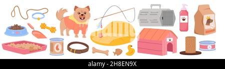 nourriture, jouets et fournitures pour chats et chiens isolés sur blanc.Concept de magasin VET.Kit pour animaux de compagnie pour magasin ou salon pour animaux domestiques vecteur Illustration de Vecteur