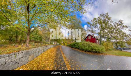 Stockholm, Suède, 6 octobre 2021 : magnifique banlieue avec trottoirs couverts de feuilles de couleur automnale Banque D'Images